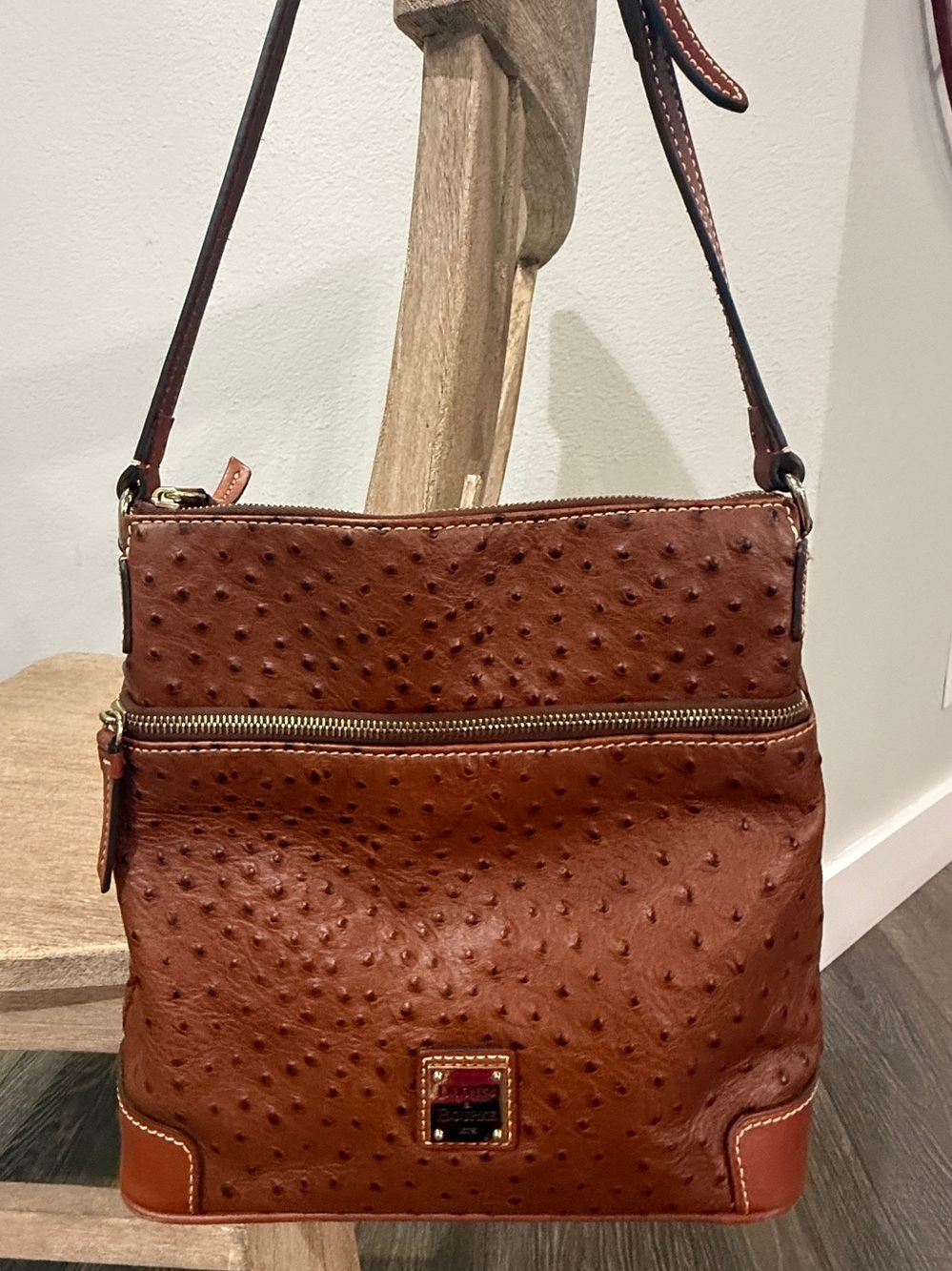 Dooney & Bourke Ostrich Embossed Leather Crossbody Bag Cognac Brown